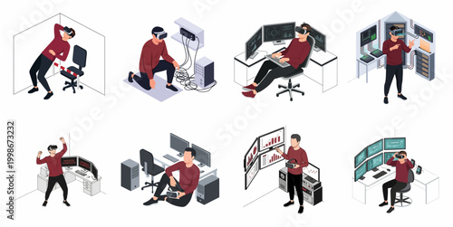 Modern Futuristic Isometric Technology User Experiencing Virtual Reality Headset Immersive Simulation Scene