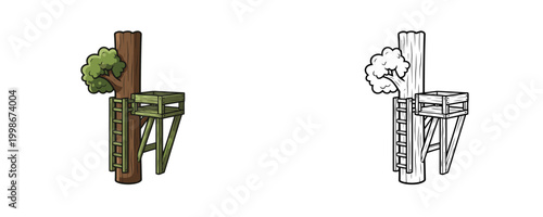 Hunting tree stand platform illustrations with ladder in flat color and black line styles attached to a tree trunk for elevated observation on white background