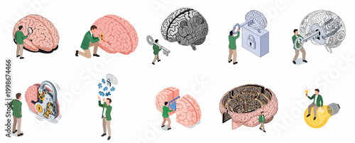 Set Of Isometric Illustrations Depicting Abstract Concepts Related To The Human Brain And Cognitive Processes
