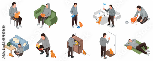 Isometric Casual Man Interacting With Pet Cat In Various Domestic Scenarios Collection