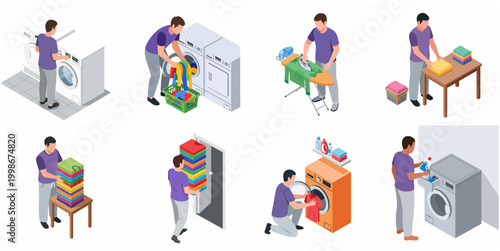Isometric Collection of a Person Performing Various Laundry and Housekeeping Tasks