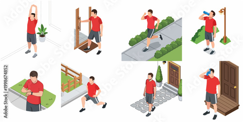 Isometric 3D Male Character Engaged in Various Outdoor Fitness Activities Sequence