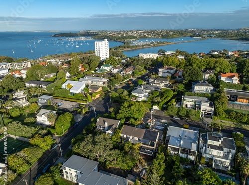 Fotografie Aerial view of Parnell, Auckland, New Zealand, showcasing the cityscape, harbor with sailboats, and residential areas with lush greenery