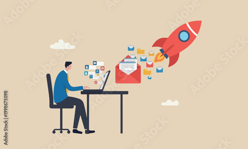 Email management manage big red rocket reply all emails, efficiency or productive way, prioritize or categorize information concept, businessman work with computer laptop on email envelope