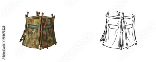 Hunting camouflage tent blind illustrations with wooden frame in flat color and line styles used for hiding in the wild forest on white background