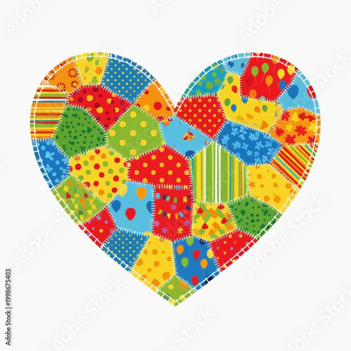 A vibrant heart shape composed of diverse colorful patchwork party-themed fabrics.