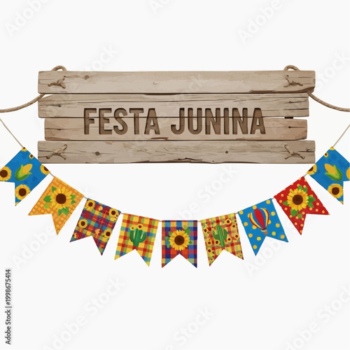 A rustic wooden sign with "Festa Junina" hangs above a festive banner.