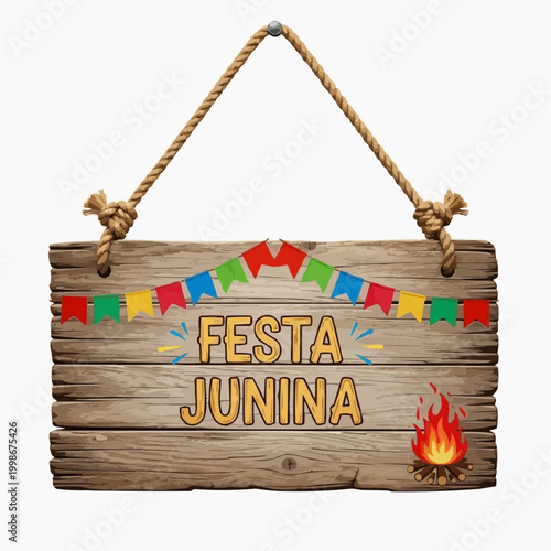 A rustic wooden "Festa Junina" sign with colorful bunting and a bonfire.