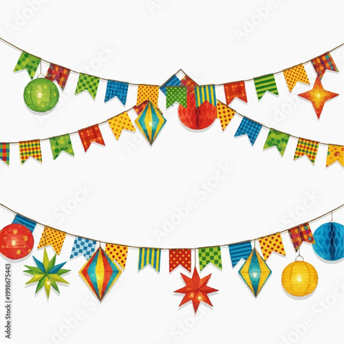 Colorful festa junina banners and hanging lanterns decorate a white background.