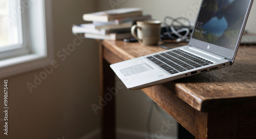 Modern work from home setup with a sleek laptop and books on a rustic wooden desk, perfect for remote productivity and online learning in a cozy environment