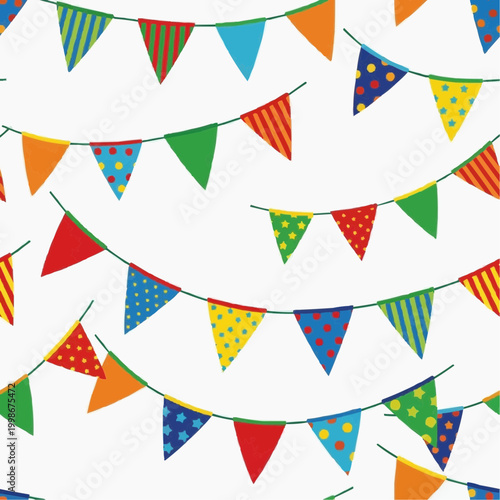 A seamless pattern of colorful party flags with diverse designs.