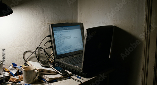 A messy desk with a laptop, computer, and coffee cup, illuminated by a desk lamp
