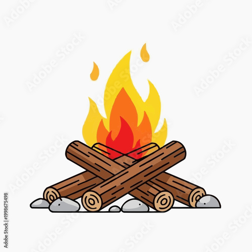 A cozy cartoon campfire with logs and stones is brightly burning.