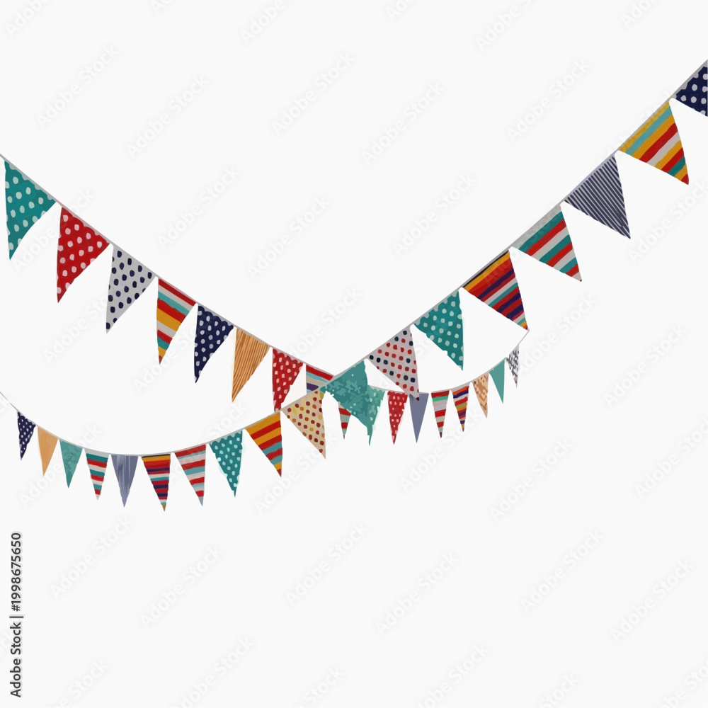 Obraz premium Colorful fabric bunting flags are strung across a white background.