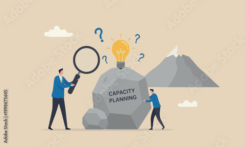 Capacity efficiency, redundancy utilization forecast, resource allocation concept, businessman magnify lightbulb capacity plan