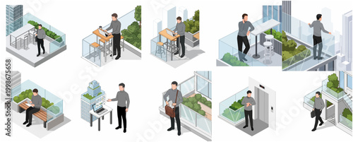 Isometric Scene Collection of a Man on a Modern City Rooftop Terrace with Greenery and Buildings