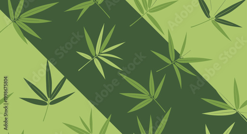 Foto Green bamboo leaves scattered across a diagonally divided background