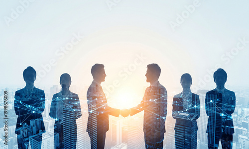 Double exposure business people silhouettes with city skyline and network connection lines — global partnership, corporate teamwork concept, wide copy space