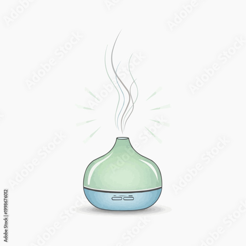 A sleek, rounded aroma diffuser in blue and green emits a stream of vapor.