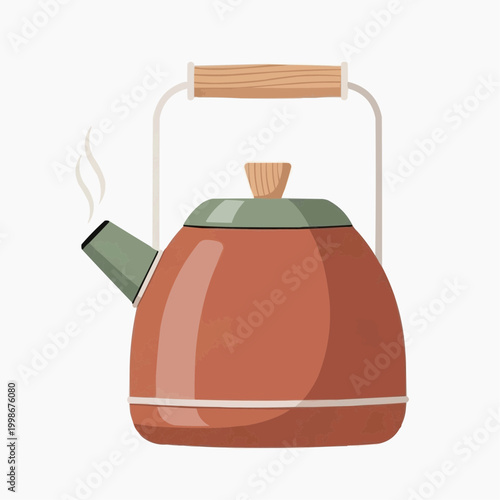 A warm kettle emits steam from its spout while sitting on a plain background.