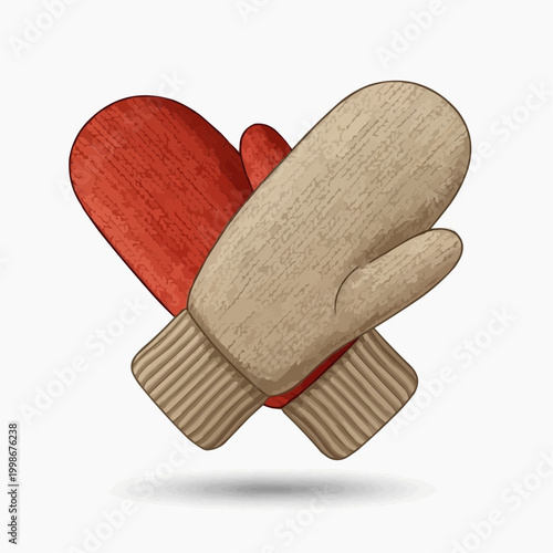 A pair of cozy knitted winter mittens in red and beige.