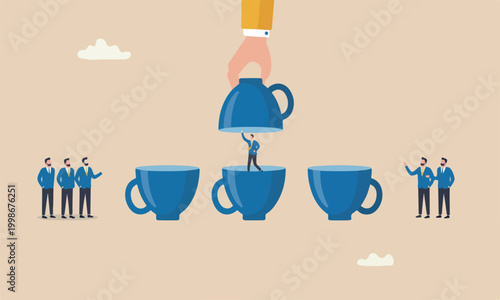 employment, employer meeting teams together hand lifting up the chosen cup to choose candidate businessman guess game cups