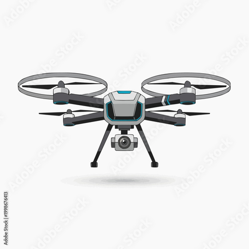 A modern quadcopter drone with a camera is depicted in a flat vector illustration