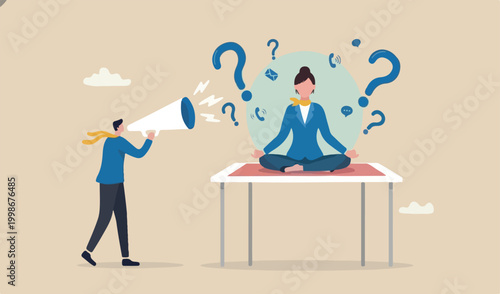 Distraction at work, annoyed disturb notifications, noise or trouble to focus or concentrate, inattention alert in the office, concept, businesswoman meditate distractions office desk