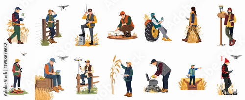 A collection of illustrations showing farmers and agricultural technicians using drones and modern technology for precision farming in wheat fields.