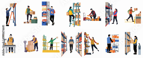 Collection of warehouse workers performing various logistics and storage tasks like picking, packing, and moving boxes in a distribution center.