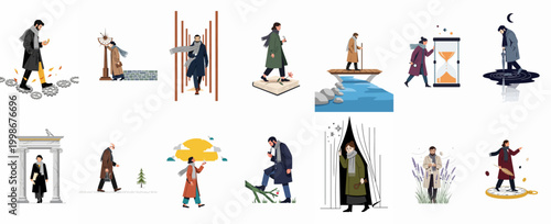 A collection of conceptual flat illustrations depicting metaphorical journeys through time, philosophy, knowledge, and personal discovery.