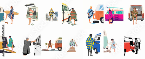 A collection of vector illustrations featuring people wearing patterned surf ponchos next to classic camper vans, representing the van life and surf culture.