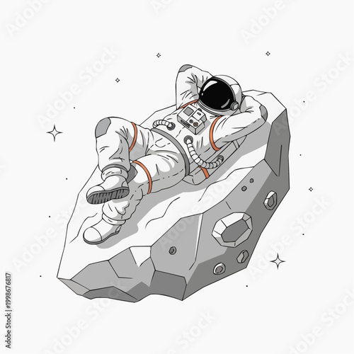 An astronaut relaxes on a floating asteroid in outer space.