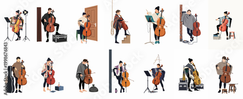 Diverse collection of flat vector illustrations featuring male and female musicians in cozy ponchos playing and posing with their cellos in various settings.