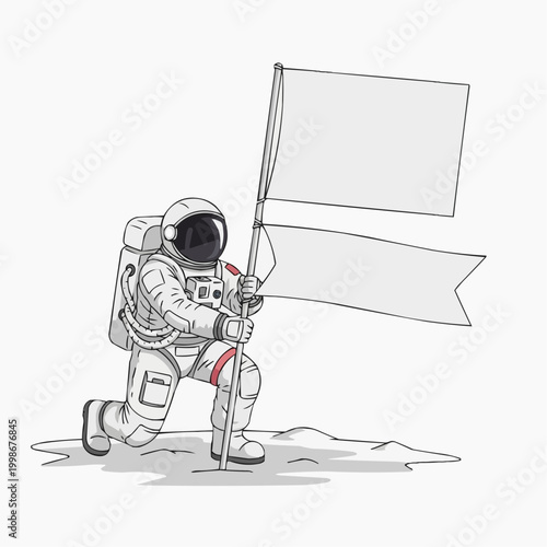 A vector illustration of an astronaut planting two blank flags.