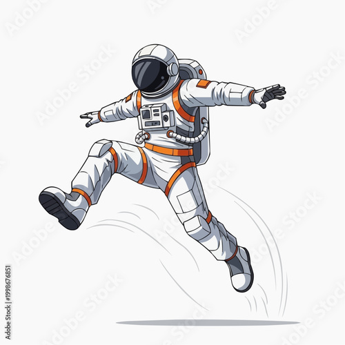 A dynamic cartoon astronaut illustration depicting joyful zero gravity movement