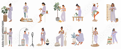 Illustration set of modern women in loungewear engaging in various daily home activities, wellness routines, gardening, and content creation.