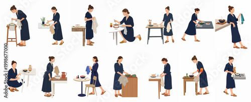 Set of faceless woman illustrations in various poses while cooking, serving soup, and organizing a dining area in a minimalist style.