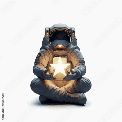 Vector graphic of an astronaut holding a luminous star in contemplation.
