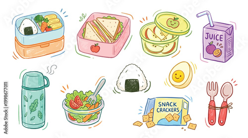 A vibrant collection of hand-drawn illustrations depicting various lunchbox items and healthy snacks, including bento boxes, sandwiches, fruit, juice, and more.