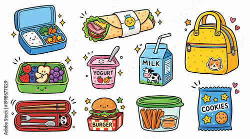 Cute cartoon illustration of various school lunch items including bento boxes, snacks, drinks, and a lunch bag, perfect for kids' meals.