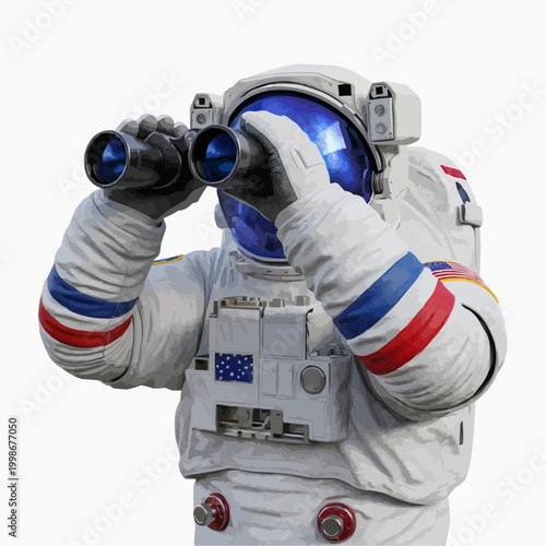 An astronaut is carefully observing the unknown with powerful binoculars