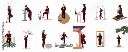 Collection of flat vector illustrations featuring a woman practicing mindfulness, prayer, and meditation in various peaceful and spiritual settings.