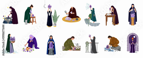 Set of mystical women in various spiritual poses with amethyst crystals, featuring rituals, magic, and esoteric practices in a flat vector illustration style.