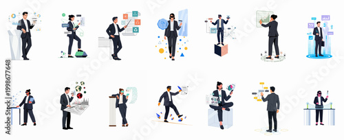 Collection of business people characters interacting with futuristic technology, virtual reality, and data analytics in a modern corporate concept.