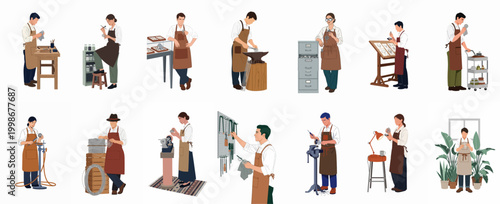 Collection of professional jewelers and artisans working in their workshops, using various tools for metal crafting and jewelry making, flat vector illustration.