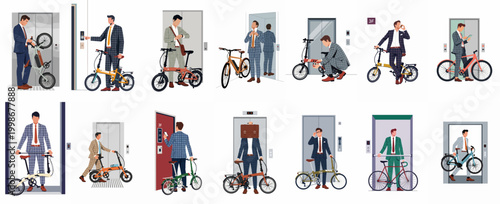 Set of flat vector illustrations featuring businessmen with folding bicycles and electric bikes in and around elevators, depicting modern urban commuting.