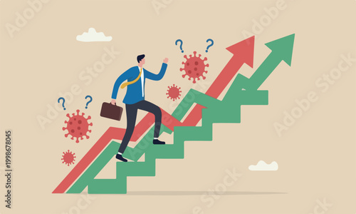 Leadership Coronavirus pass and survive in economic crisis in COVID-19 outbreak, confidence business man leader walk up Coronavirus stair with graph arrow