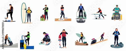 Collection of diverse flat illustrations featuring people engaged in various water sports and activities like surfing, diving, and jet skiing with equipment.