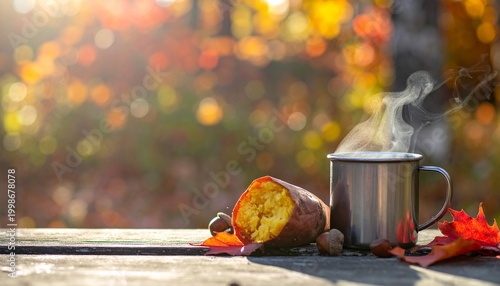 秋のキャンプ風景、木のテーブルに置かれたコーヒーと焼き芋と紅葉、どんぐり、左側にコピースペース